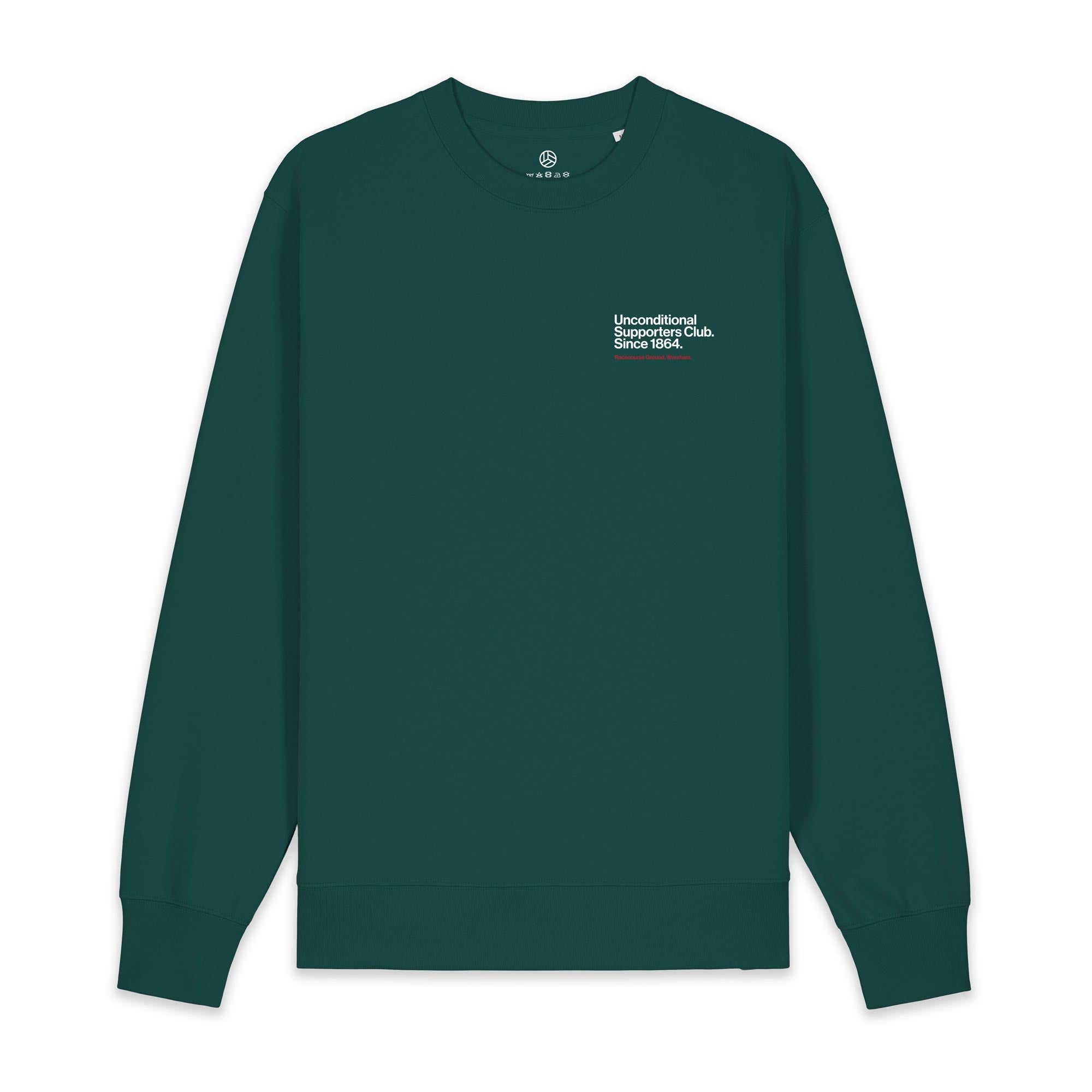 Unconditional Supporters Club dark green sweatshirt front view — Cae Ras Collective Wrexham AFC

